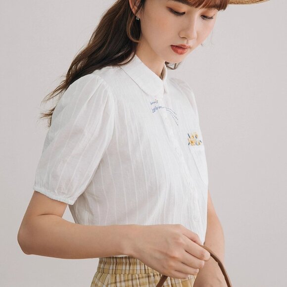 INMAN Floral Puff-Sleeve Cutton Blouse with Ruffled Collar - Picture 4 of 8